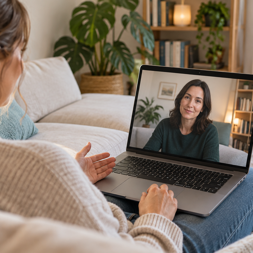 Client attending an online therapy session from home.